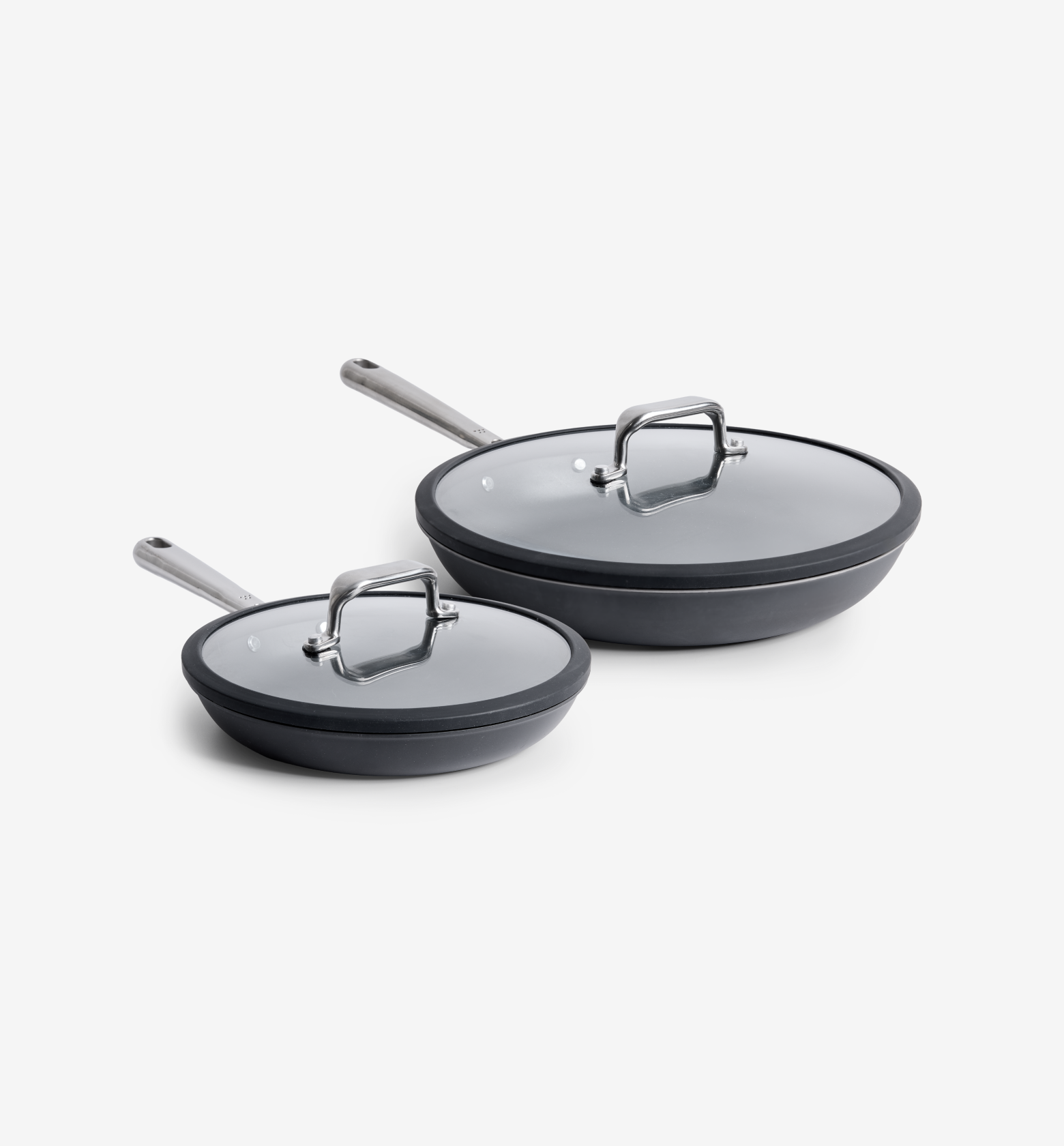 Hard-anodized nonstick frying pan set with glass lids, two sizes, stainless steel handles